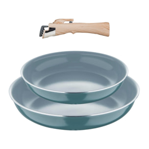 juego de 2 sartenes ø22cm y ø26cm + mango extraíble efecto madera en aluminio prensado