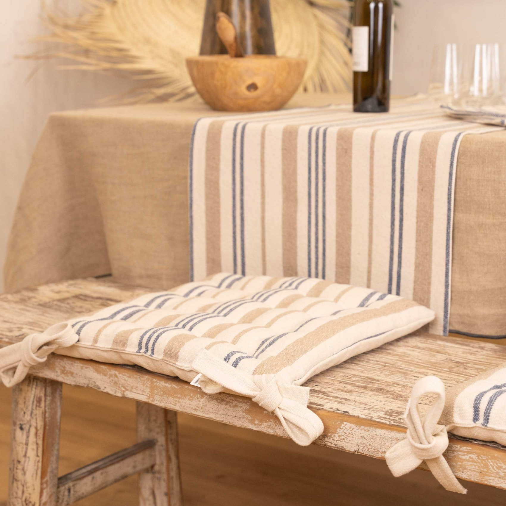 Galette de chaise matelassée à rayures en toile canevas - Bleu Foncé