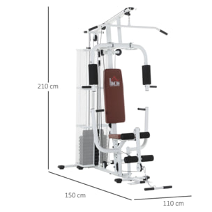 Station de musculation - entrainement complet - développé couché, butterfly, barre latissimus, curler, bande résistance - 10 contrepoids - acier blanc