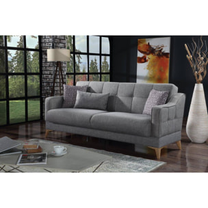 Divano letto Juan, Divano letto contenitore a 3 posti lineare con 3 cuscini inclusi, Sofà da soggiorno in tessuto imbottito con apertura click-clack, 207x82xh92 cm, Grigio