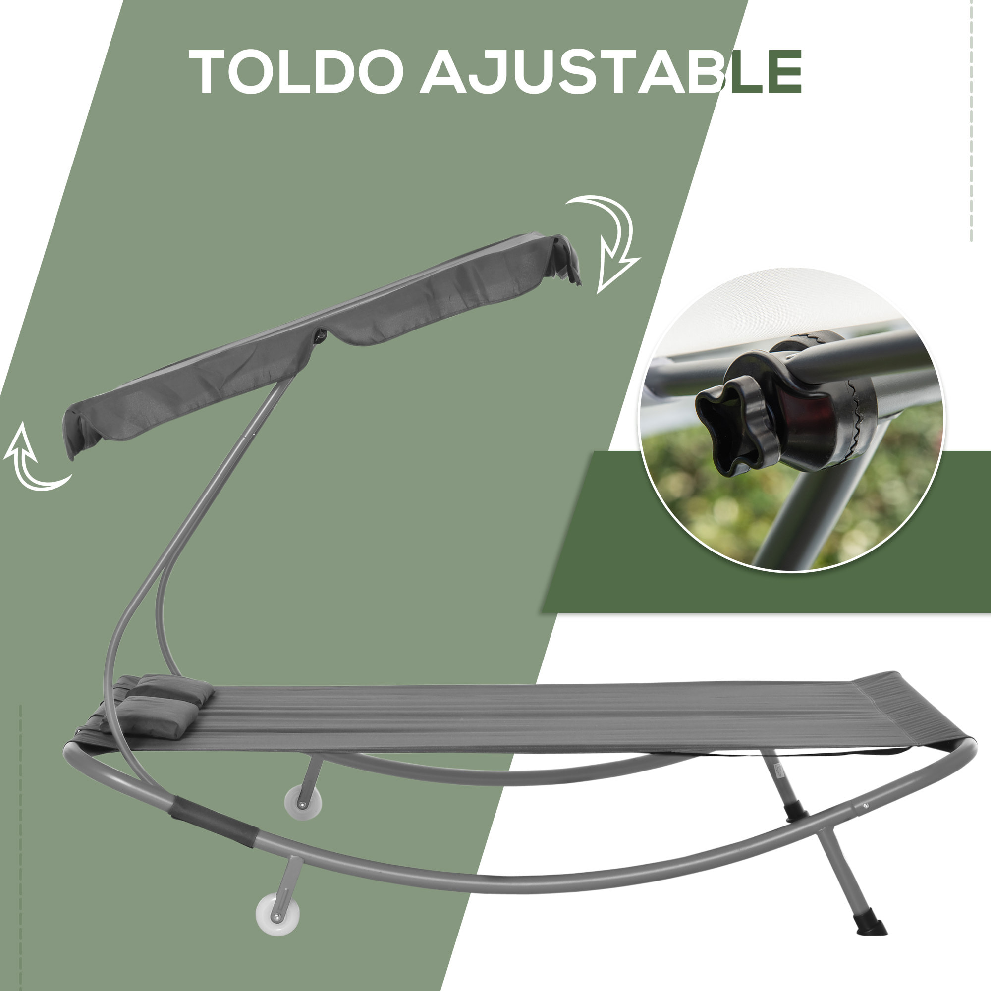 Tumbona Doble de Jardín con Toldo Ajustable Tumbona de Jardín Exterior con 2 Cojines para 2 Personas Tumbona de Piscina con 2 Ruedas 200x175x134 cm Gris