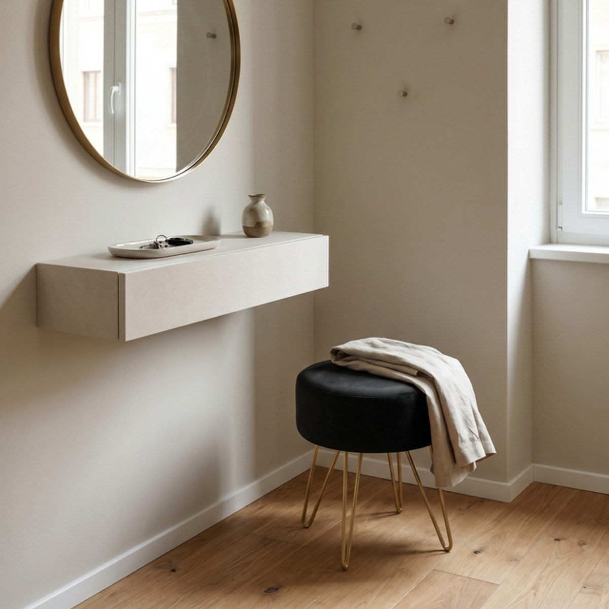 Pouf Tondo in Velluto con Gambe Dorate, Sgabello Imbottito dal Design Elegante e Moderno per Soggiorno, Camera da Letto, Ingresso e Toeletta