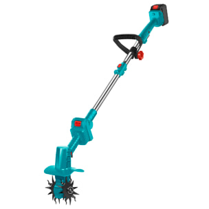 Mini coltivatore elettrico da giardino senza fili 21V con batteria doppia da 15000 mAh. Include manico lungo e 2 paia di lame.