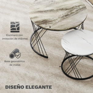 Juego de 2 Mesas Nido Mesas de Centro para Salón Redondas con Tablero con Diseño de Mármol Marco de Metal para Sala de Estar Dormitorio Gris y Blanco