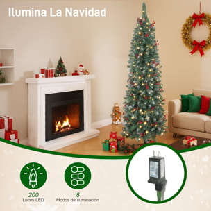 Árbol de Navidad Estrecho 180 cm, Árbol de Navidad Artificial con Luces LED Blanca Cálida, 8 Modos de Iluminación, 461 Ramas con Purpurina Plateada, Piñas, Bayas y Soporte Metálico, Verde