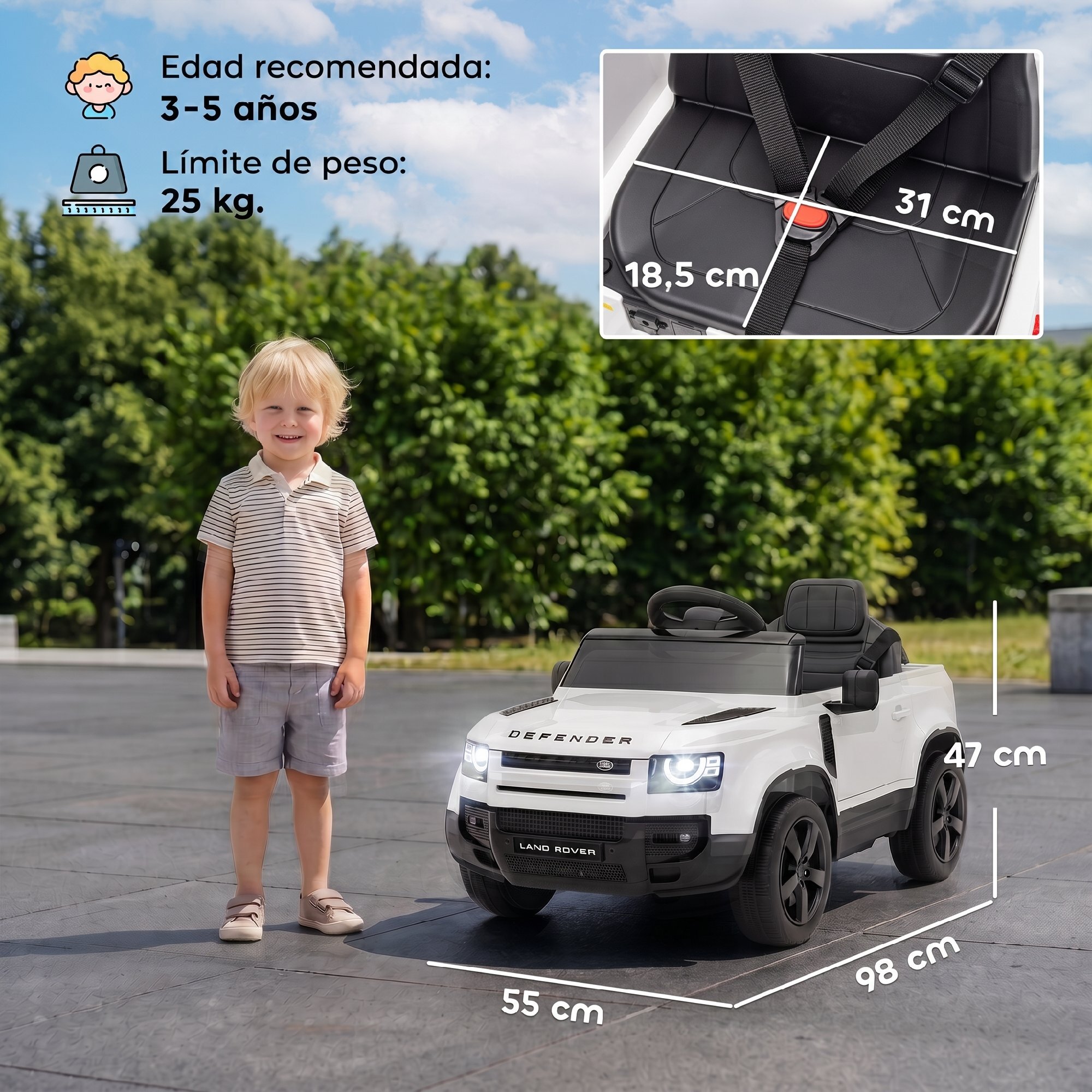 AIYAPLAY Coche Eléctrico SUV para Niños Land Rover Defender Coche de Batería 12 V Mando a Distancia 2,4G Suspensión Arranque Suave 2,7-4,5 km/h Rueda Auxiliar Luces LED Música Claxon 3-5 Años Blanco