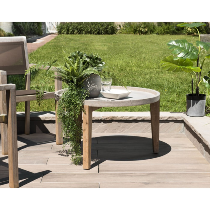 HECTOR - Table basse de jardin ronde béton 81x81 cm pieds en bois acacia