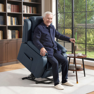 Sillón Relax Eléctrico Reclinable Levanta Personas, Sillón Elevador, con Respaldo Alto, Control Remoto, Reposapiés, Acolchado Grueso, Tapizado en PU, Bolsillos Laterales, Azul Oscuro