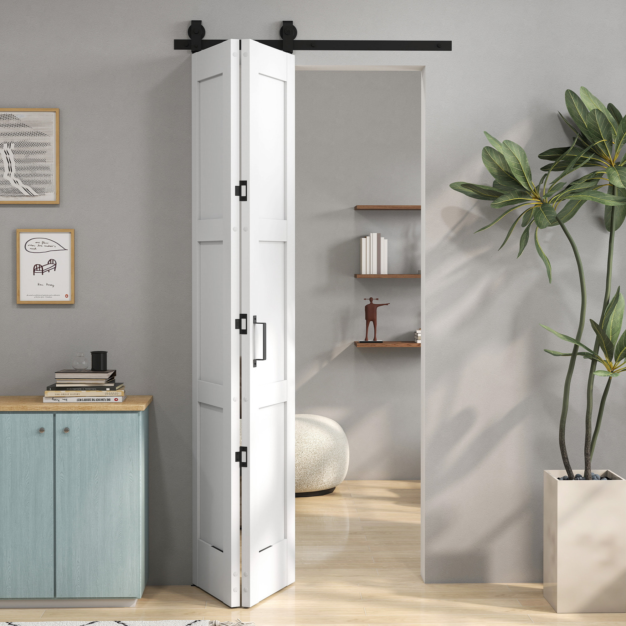 Puerta Corredera Plegable con Herrajes 91,4x213,4 cm, Puerta Corredera Interior con Rodillo, Riel de Acero, Guía de Suelo, Manija, para Baño, Salón, Sala de Estar, Blanco