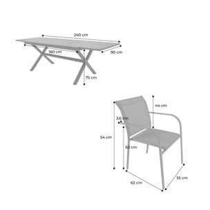 Table de jardin extensible aluminium + 8 assises VENTURA + AMARA