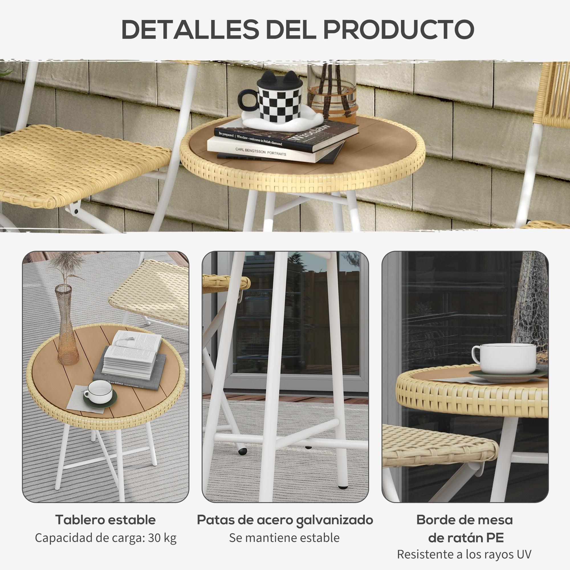 Mesa Auxiliar de Ratán Sintético Mesa de Centro Redonda con Tablero de Madera Plástica y Marco de Acero Galvanizado Carga 30 kg para Terraza Balcón Jardín 50x50x55 cm Natural