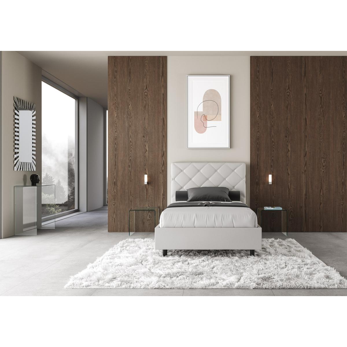 Cama con almacenaje acolchada 140x210 cuero sintético blanco Priya