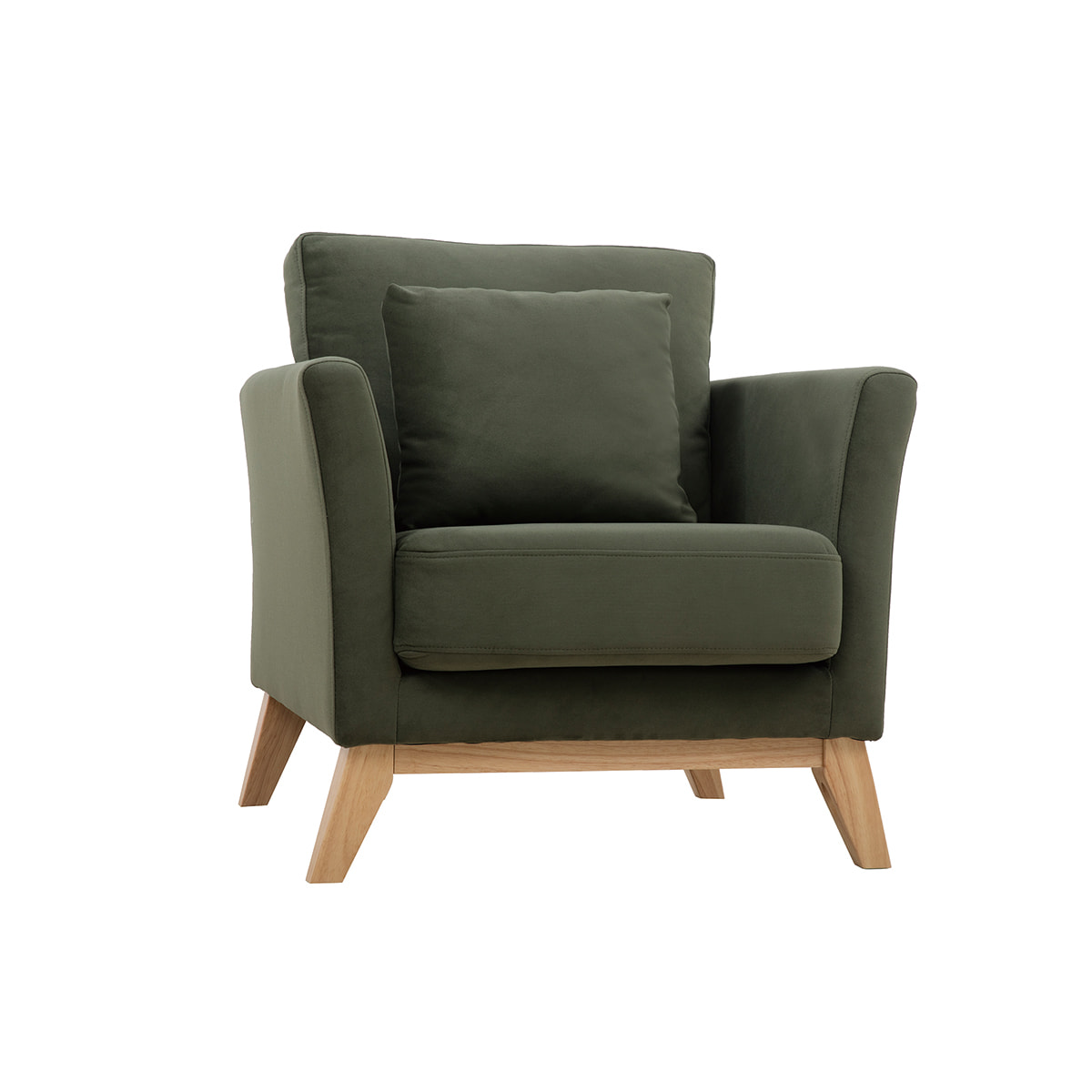 Fauteuil scandinave déhoussable en tissu effet velours vert kaki et bois clair OSLO