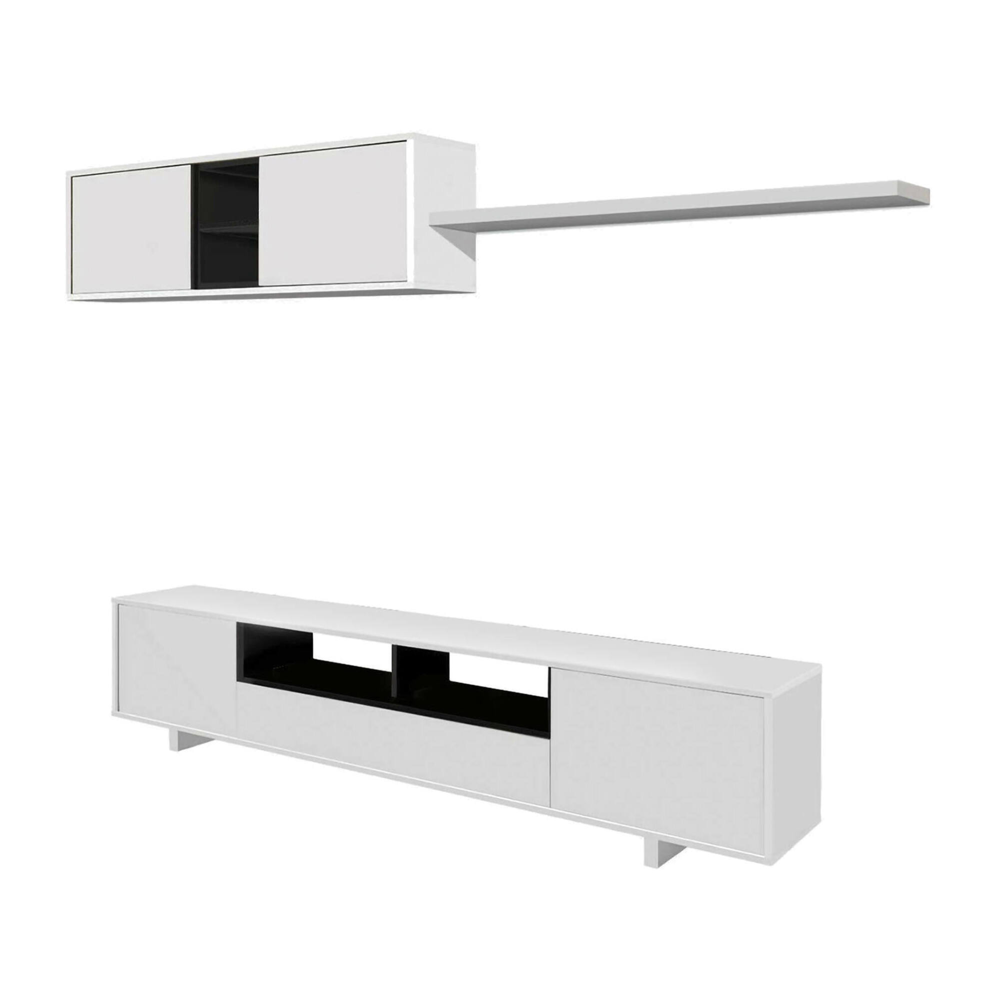 Parete attrezzata Hartford, Mobile da soggiorno porta TV, Composizione set salotto, Set salotto con pensile, cm 260x41h46, Bianco lucido