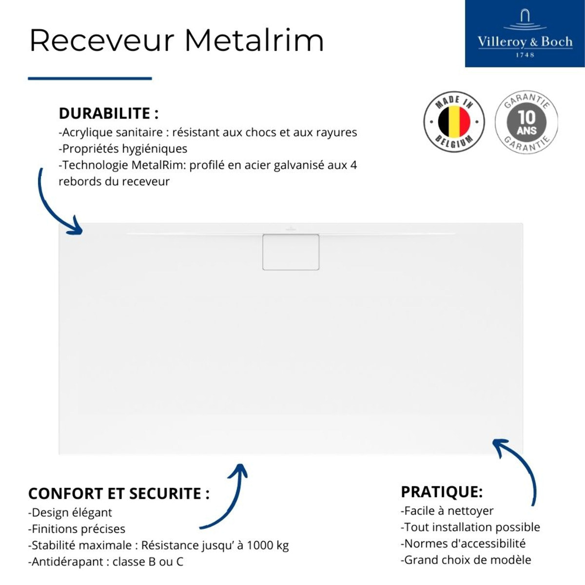 Receveur 150 x 100 Architectura Metalrim acrylique rectangle blanc