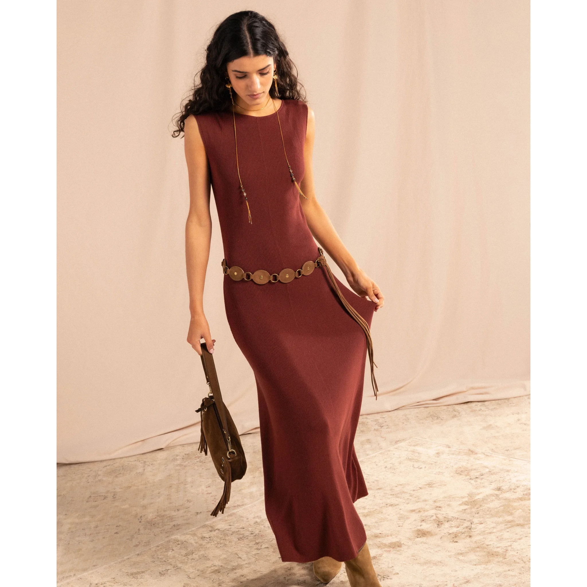 Vestido de punto canalé evasé de mujer