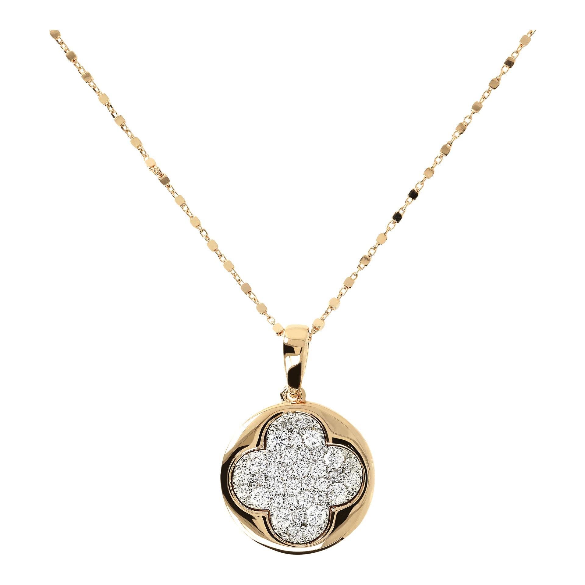 Collana Golden Lunga Catena a Cubetti e Pendente Tondo con Quadrifoglio Pavé in Cubic Zirconia