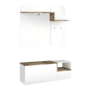 Mobile da ingresso, Made in Italy, Entratina con appendiabiti, Scarpiera, cm 120x40h54, colore Bianco lucido e Acero