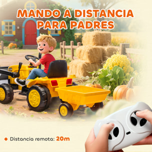 Tractor Eléctrico para Niños con Remolque Desmontable y Pala, Tractor de Juguete de Batería 12V, Motor Doble, Control Remoto 2,4G, Luces, Música, Conexión Inalámbrica, USB para Niños +3 Años