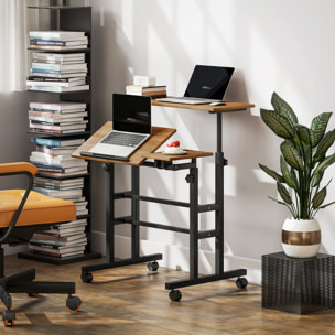 Bureau assis debout inclinable réglable H.70,5-120 cm mobile 3 plateaux métal noir effet bois