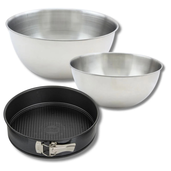 Ensemble comprenant 1 Moule à manqué 26 cm, 1 spatule Zenker et 2 bols à mixer en inox Fackelmann