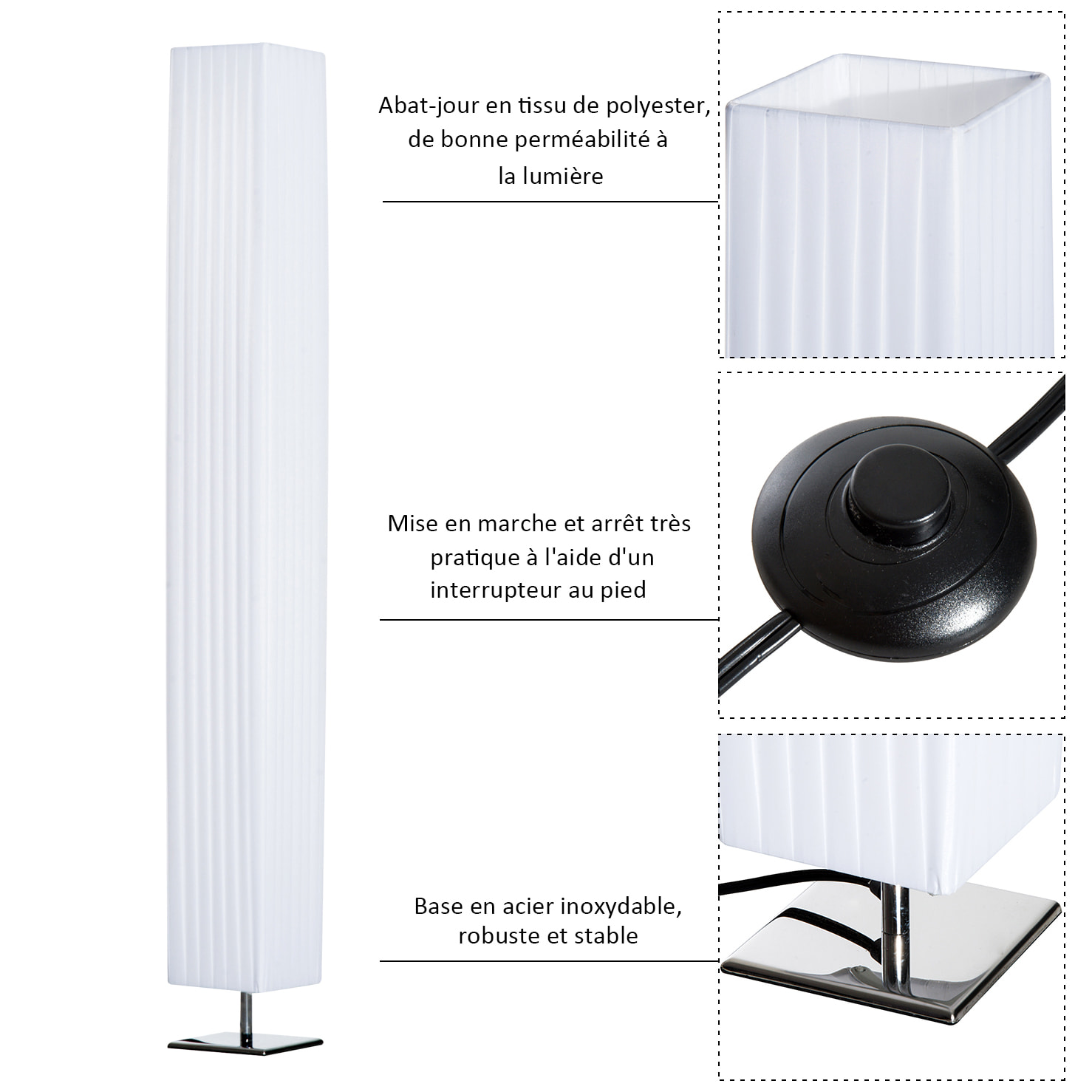 Lampe lampadaire colonne sur pied moderne lumière tamisée 40 W 14L x 14l x 120H cm inox blanc