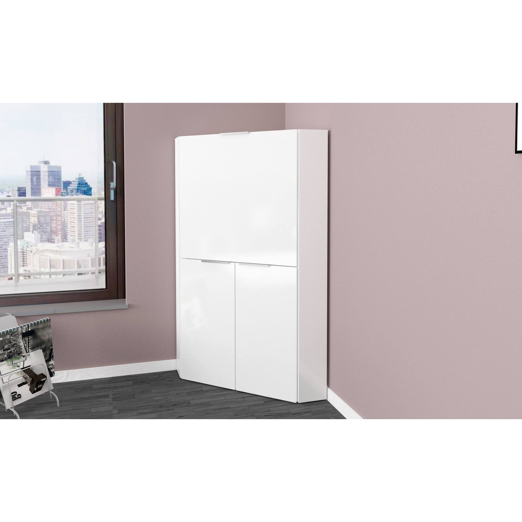 Scrivania Akiro, Mobile multiuso con scaffali e piano da lavoro, Tavolo multiuso per ufficio, Scrivania salvaspazio multiposizione, 100% Made in Italy, cm 70x57h140, Bianco lucido