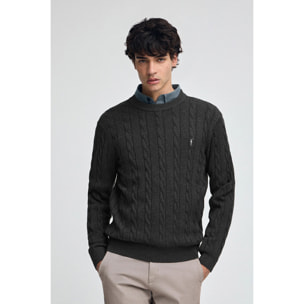 Jersey gris oscuro vigoré de punto trenzado y mezcla de lana con bordado Rigby Go