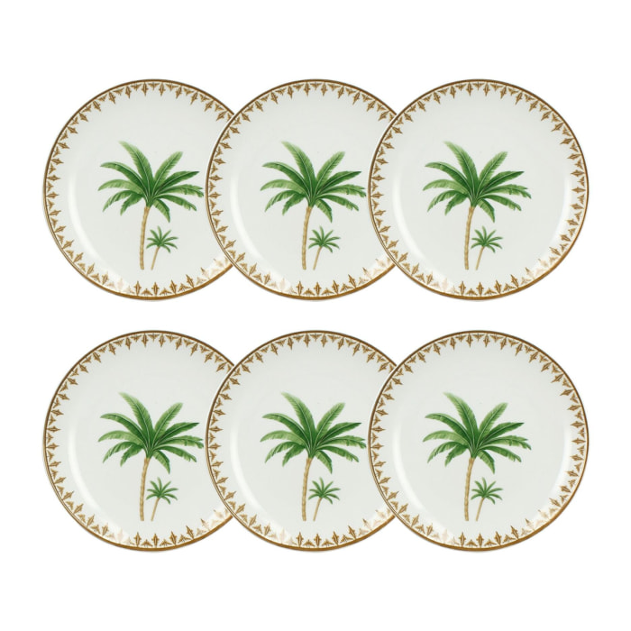 Lot de 6 assiettes à dessert 20cm en porcelaine à imprimé palmier ATLAS