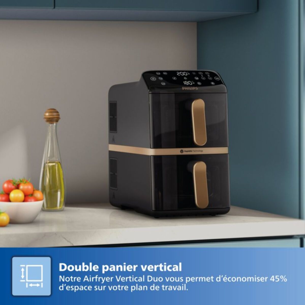 Airfryer PHILIPS NA462/70 Friteuse sans huile Vertical Duo Noir/Cuivre, Série 4000 10L (5+5L)