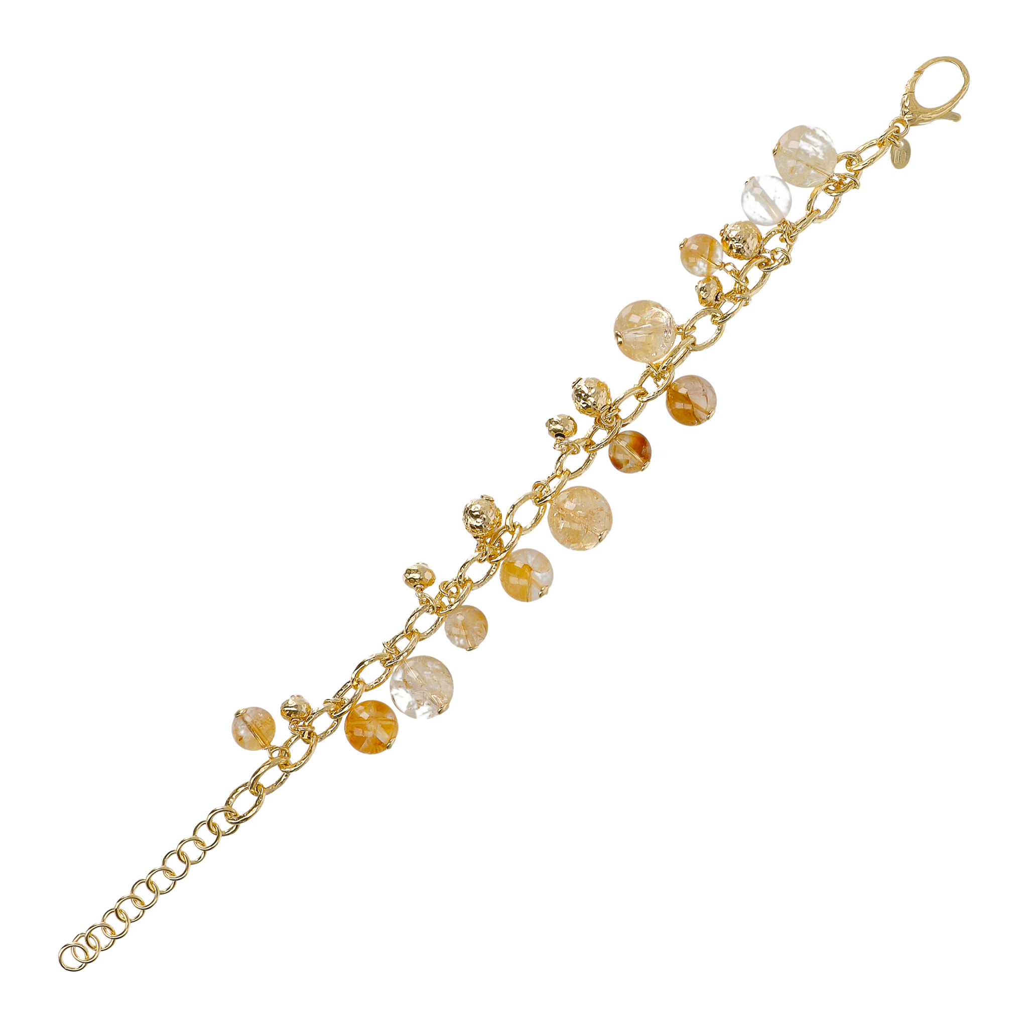 Bracciale in Argento 925 Placcato Oro Giallo 18kt con Ciondoli Sfere Martellate e in Pietra Naturale Citrino Arancione