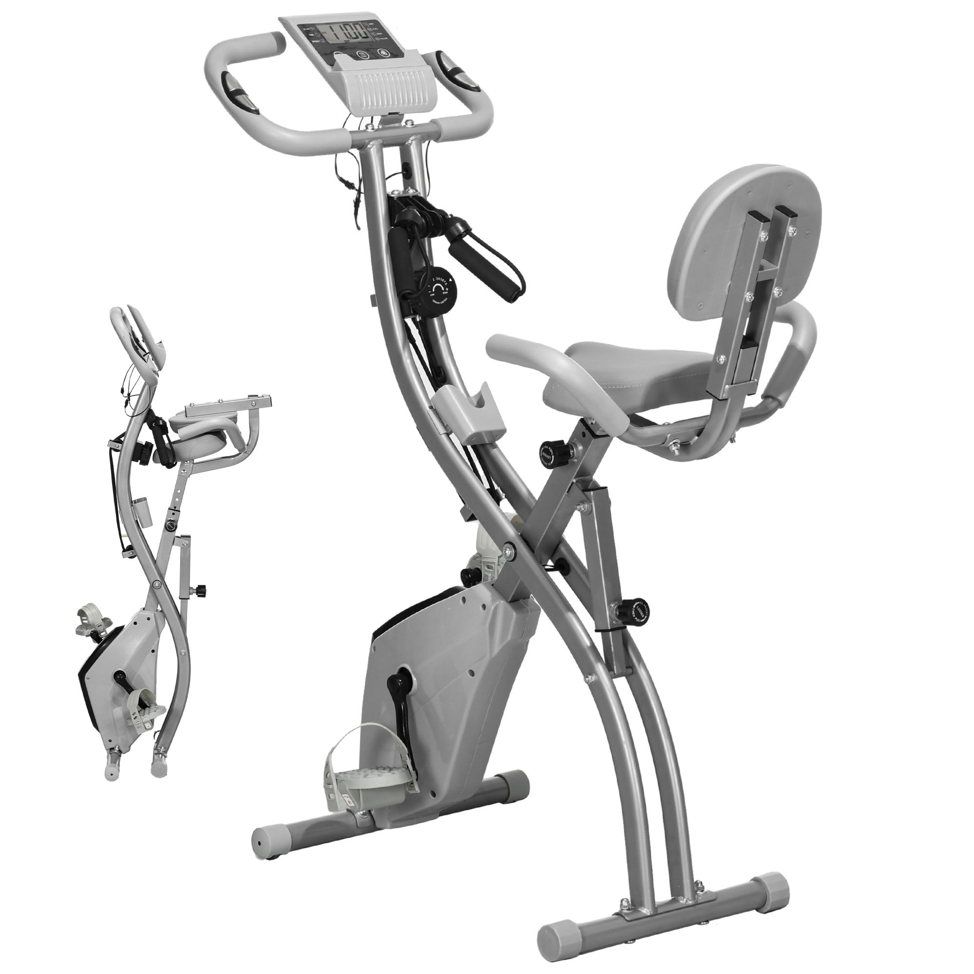 Bicicleta Estática Plegable 3 en 1 con Respaldo y 8 Niveles Resistencia Magnética, Bicicleta Estática para Casa Ajustable con Monitor LCD Volante Banda Sensor de Pulso Soporte de Teléfono Gris