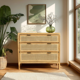 AMY - Commode 3 tiroirs 100cm en bois de mindi et rotin naturel