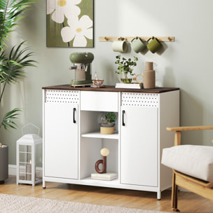 Aparador de 2 Puertas con Orificios, Aparador para Salón con Cajón, Compartimentos Abiertos, Estantes Ajustables, para Cocina, Entrada, Oficina, Blanco, 100x40x80 cm