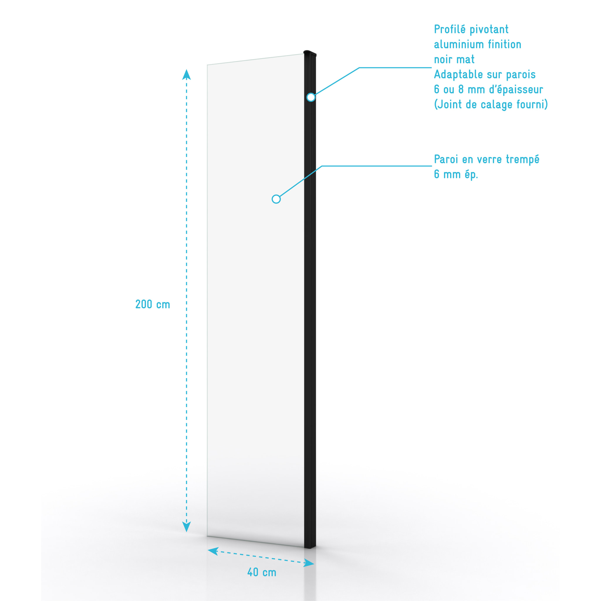 Volet pivotant pour paroi de douche fixe - 40x200cm - Verre transparent 6mm - Profile Noir Mat