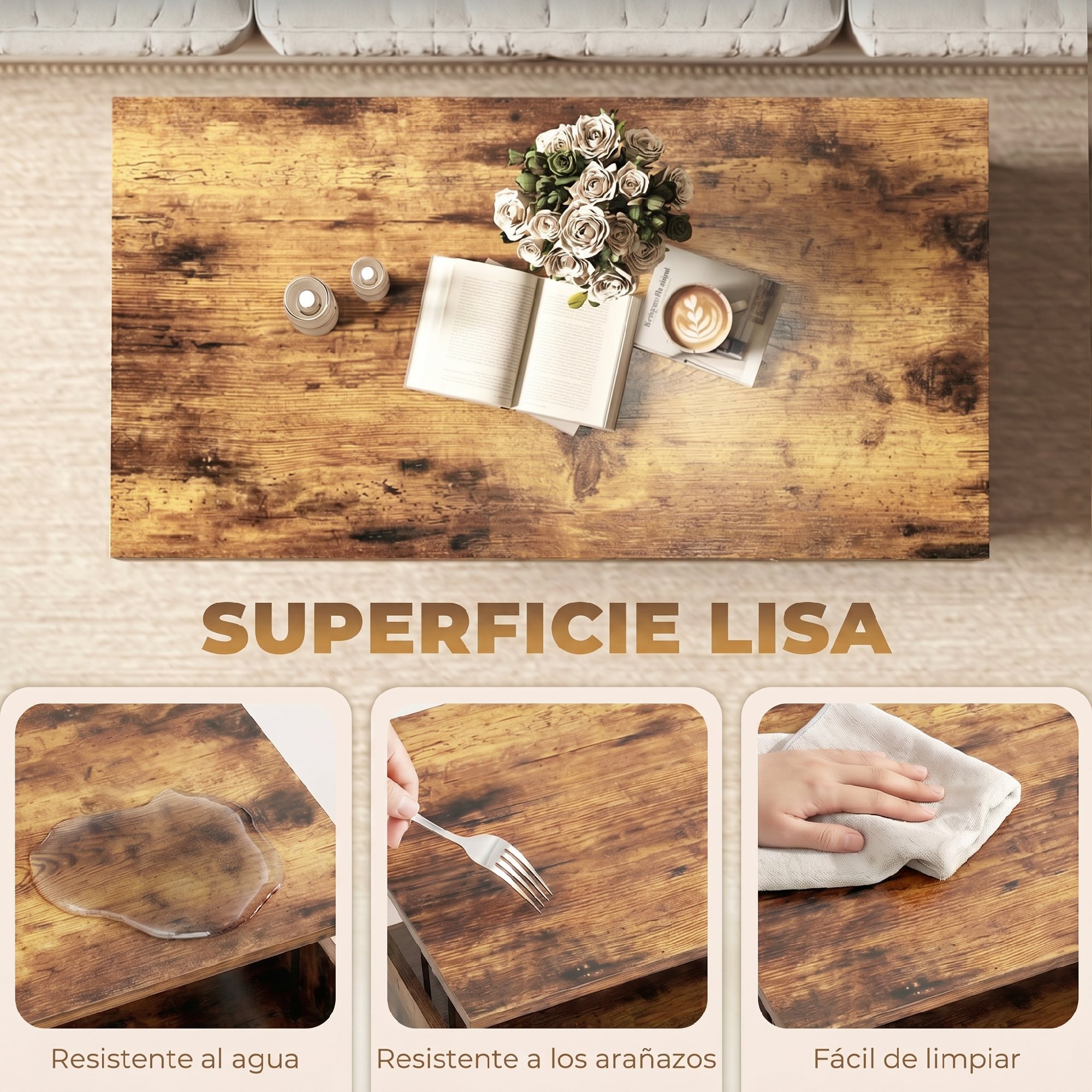 Mesa de Centro Elevable, Mesa de Café para Salón con Compartimento Oculto, Patas de Acero para Sala de Estar, Comedor, 95x50x40 cm, Marrón Rústico