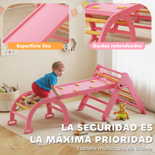 7 en 1 Triángulo de Escalada Montessori con Arco y Rampa, Escalada para Niños de Madera Plegable, para 18-48 Meses, para Deslizarse o Escalar, 188x70 cm, Rosa