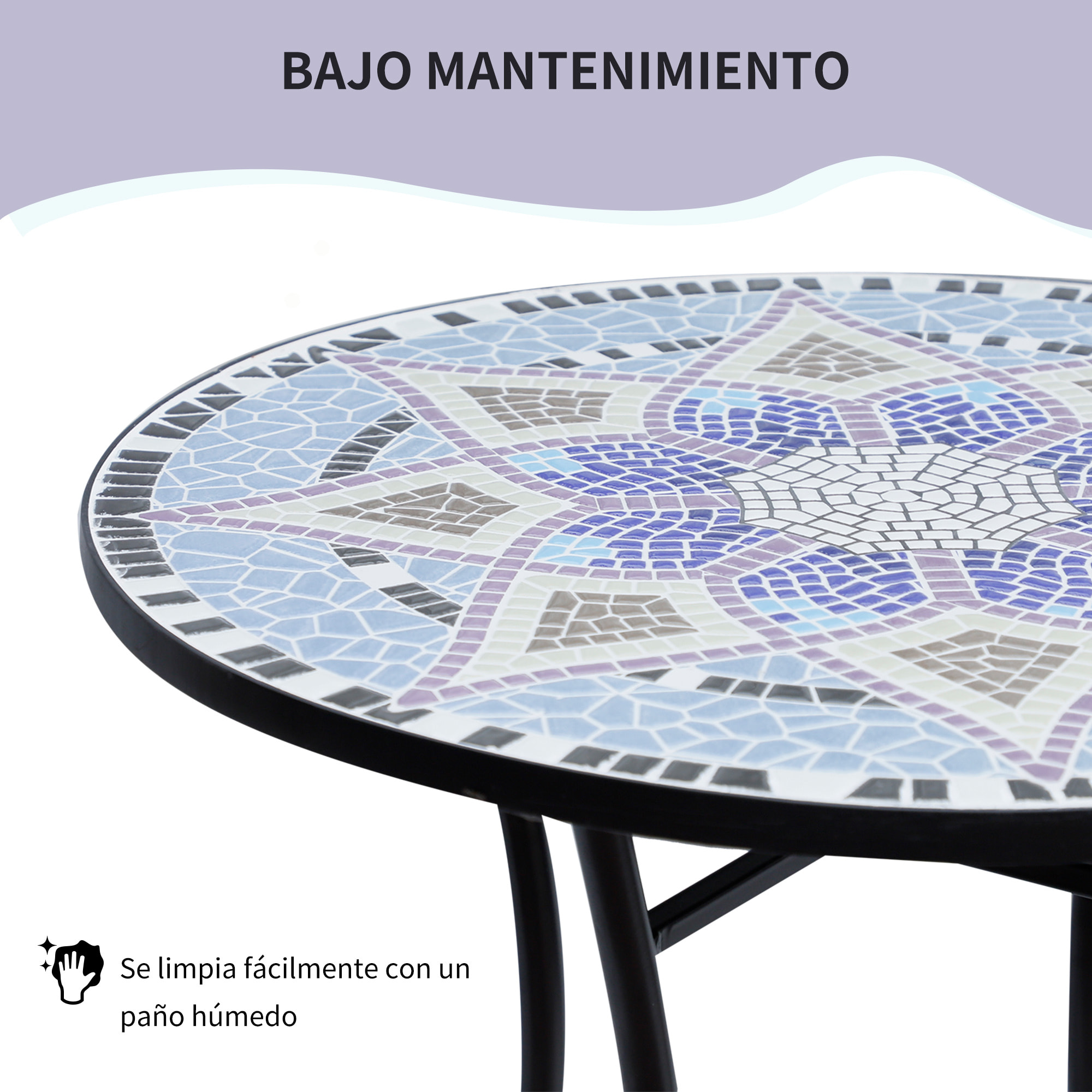 Mesa de Jardín Redonda Mesa de Terraza Exterior Ø60x71 cm con Encimera de Mosaico Decorativo Carga 100 kg Mesa para Exterior Patio Azul y Blanco