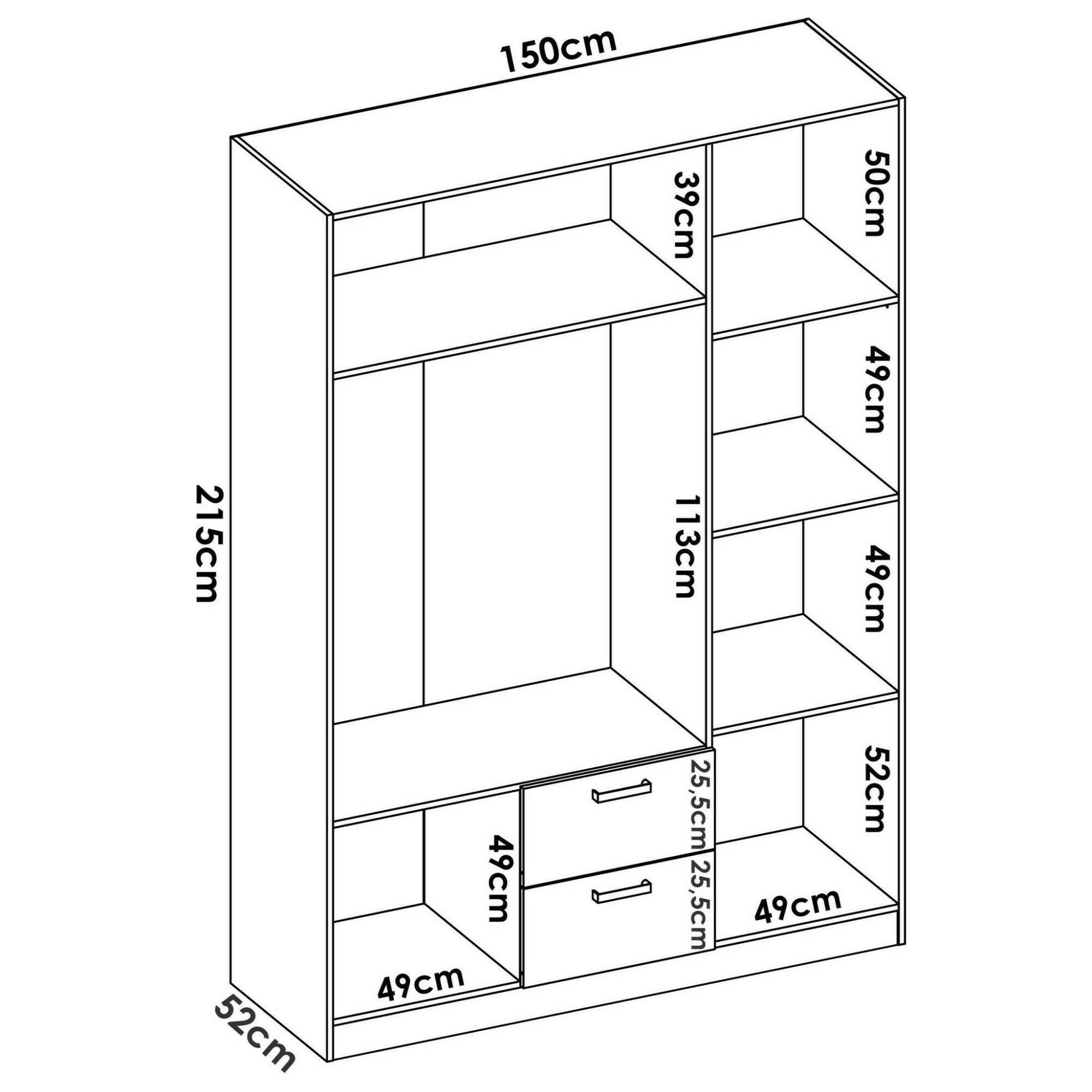 Guardaroba Argentella, Mobile appendiabiti per camera da letto, Armadio a 3 ante battenti e 2 cassetti, 150x52h215 cm, Bianco