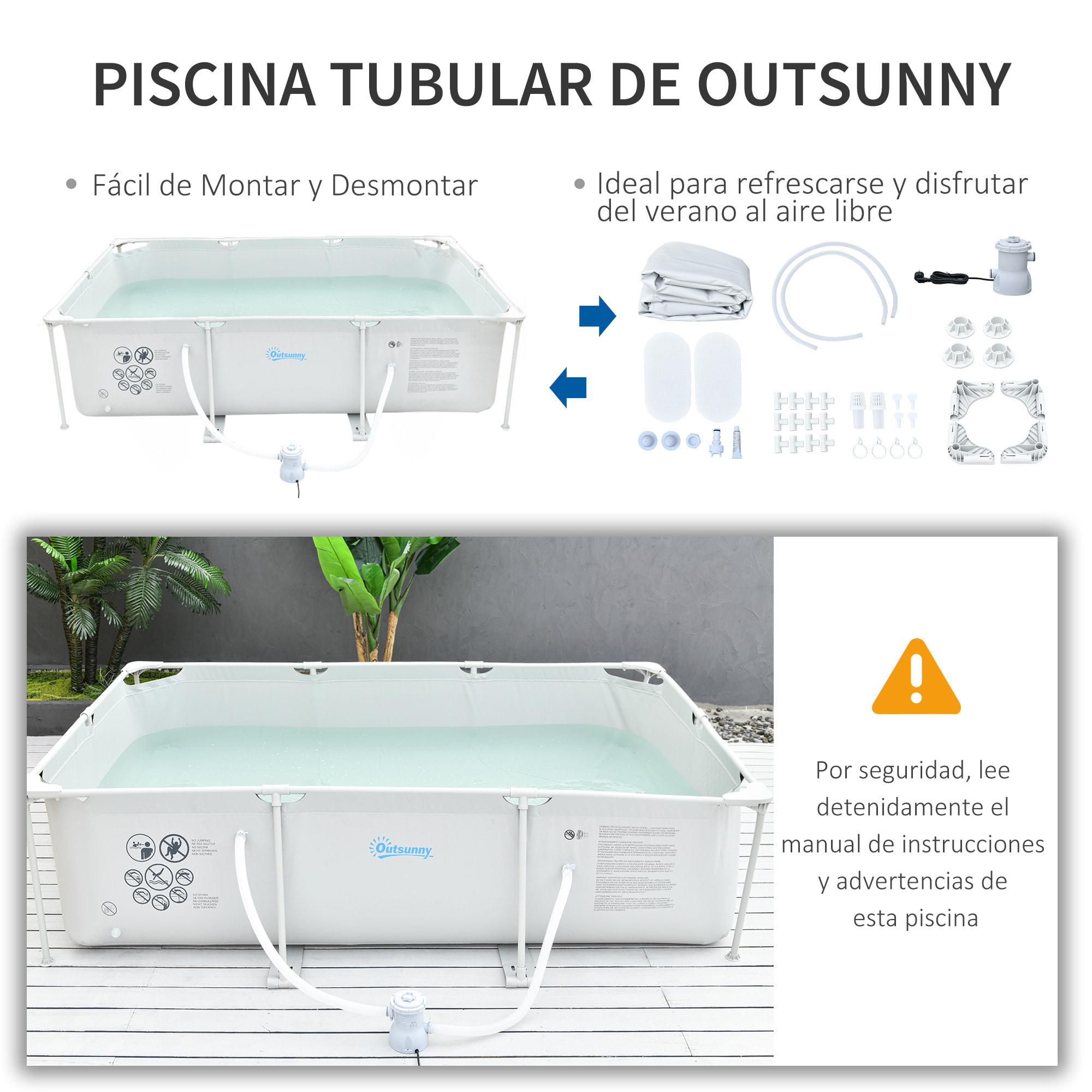 Piscina Desmontable 3600L Rectangular con Depuradora Cartucho 291x190x75 cm Gris