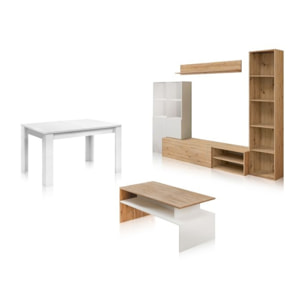 Pack salón con mesa de centro y mesa de comedor Iris Max Blanco Artik (Blanco Mate) - Roble Nodi