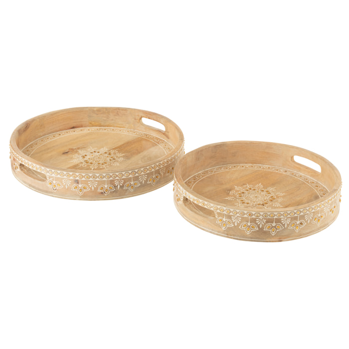 J-Line Set 2 Plateaux 2 Anses Perles Bois De Manguier Naturel/Blanc