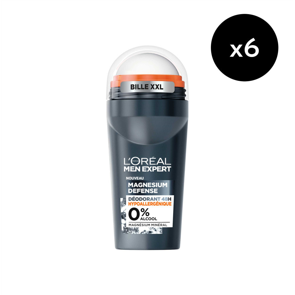 Lot de 6 - L'Oréal Paris Men Expert Magnesium Defense Déodorant Bille 48h Hypoallergénique 0% Alcool 50ml