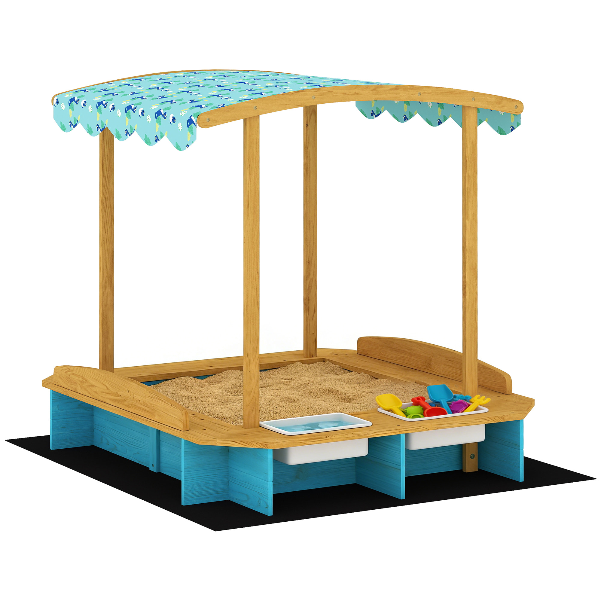 Arenero para Niños de Madera con Techo, Arenero Infantil con 3 Bancos, 2 Cajas de PP, Forro, Caja de Arena para Niños de 3-6 Años, para Patio, Jardín, Balcón, 128x118x121 cm, Azul