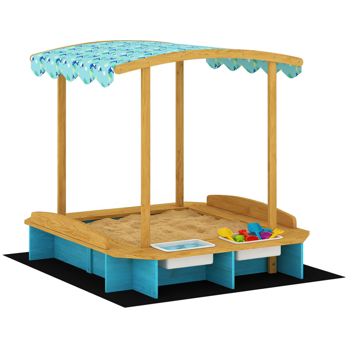 Arenero para Niños de Madera con Techo, Arenero Infantil con 3 Bancos, 2 Cajas de PP, Forro, Caja de Arena para Niños de 3-6 Años, para Patio, Jardín, Balcón, 128x118x121 cm, Azul