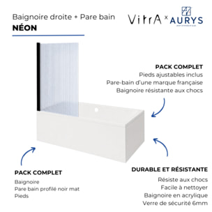 Baignoire rectangulaire Neon 180x80cm + Pare bain droit AURYS Raywall noir mat profilé droite