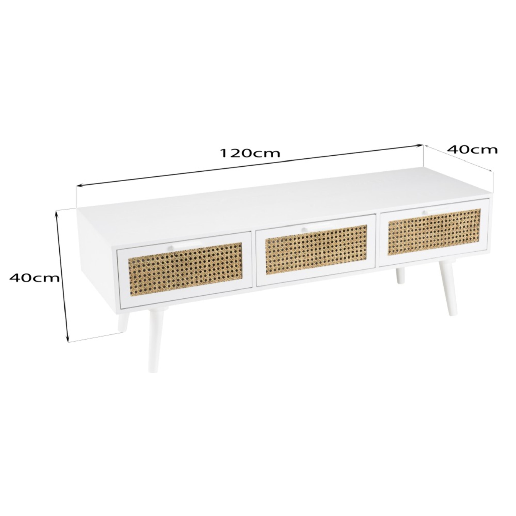 SANDRO - Meuble TV blanc 3 tiroirs cannage naturel