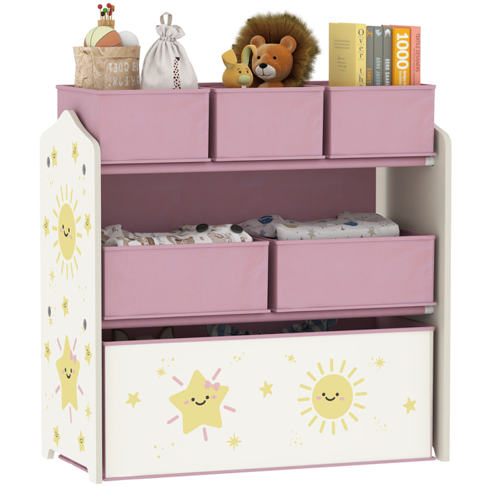 Estantería Infantil para Juguetes, con 6 Cajas Extraíbles de Tela no Tejida, Organizador de Juguetes de 3 Niveles, para Habitación Infantil, Sala de Juegos, Guardería, 63x30x66 cm, Rosa