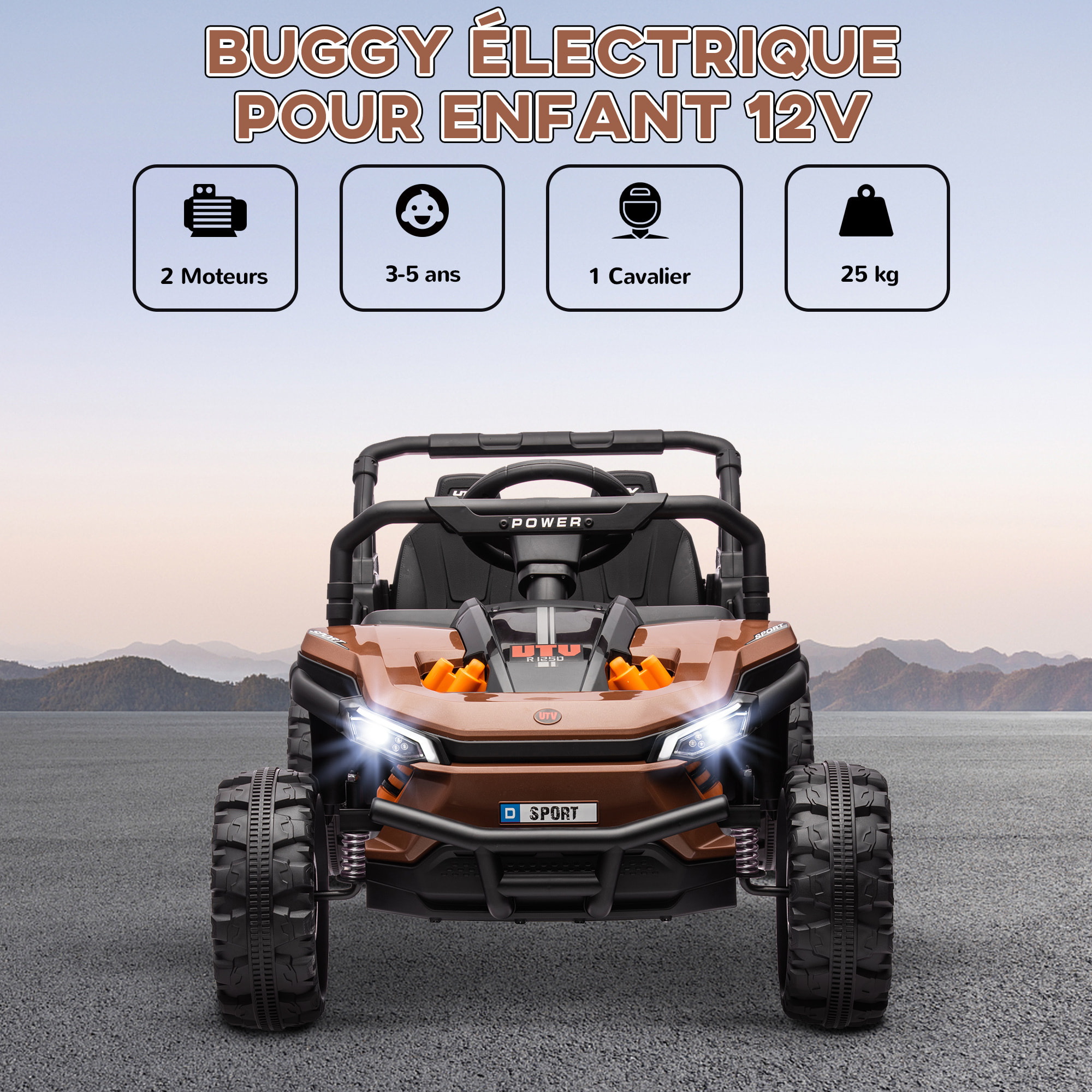 Buggy électrique enfant UTV - quad électrique enfant - 12V, 2 moteurs, 6Km/h max. - télécommande - nombreux effets - noir marron