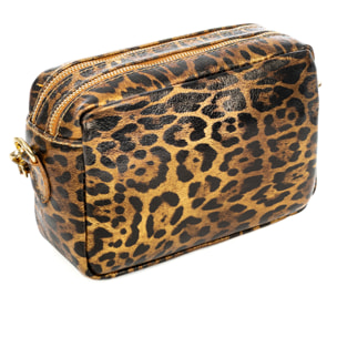 Degna bolso bandolera mujer. Piel auténtica Gamuza con estampado de animal print leopardo y lacada brillante.